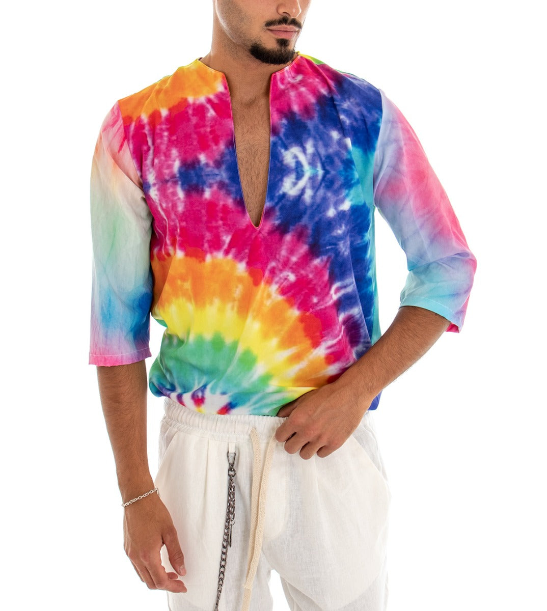 Men's Kaftan Shirt Tunic Tie Dye Multicolor Pattern Over Light Viscose Fabric GIOSAL-C1716A