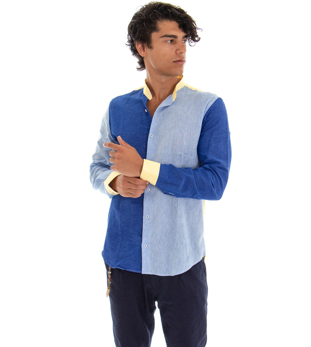 Men's Mandarin Collar Shirt Long Sleeve Blue Regular Fit Melange Linen GIOSAL-C1727A