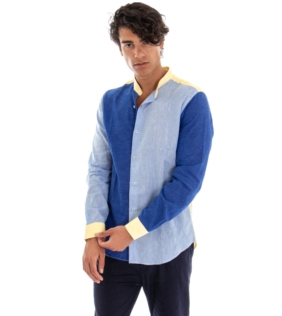 Men's Mandarin Collar Shirt Long Sleeve Blue Regular Fit Melange Linen GIOSAL-C1727A