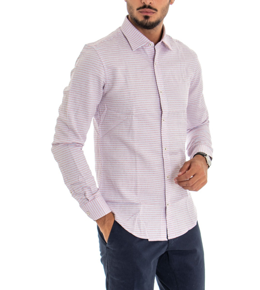 Men's Shirt With Collar Long Sleeve Slim Fit Casual Cotton White GIOSAL-C1803A