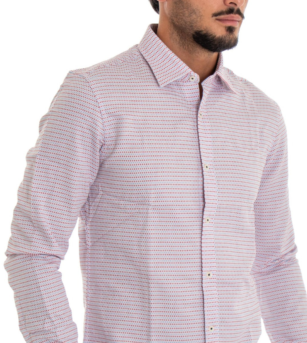 Camicia Uomo Con Colletto Manica Lunga Slim Fit Casual Cotone Fantasia Bianco GIOSAL-C1803A