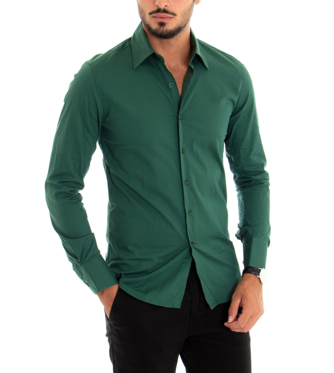 Camicia Uomo Con Colletto Manica Lunga Slim Fit Basic Casual Cotone Verde GIOSAL-C1804A