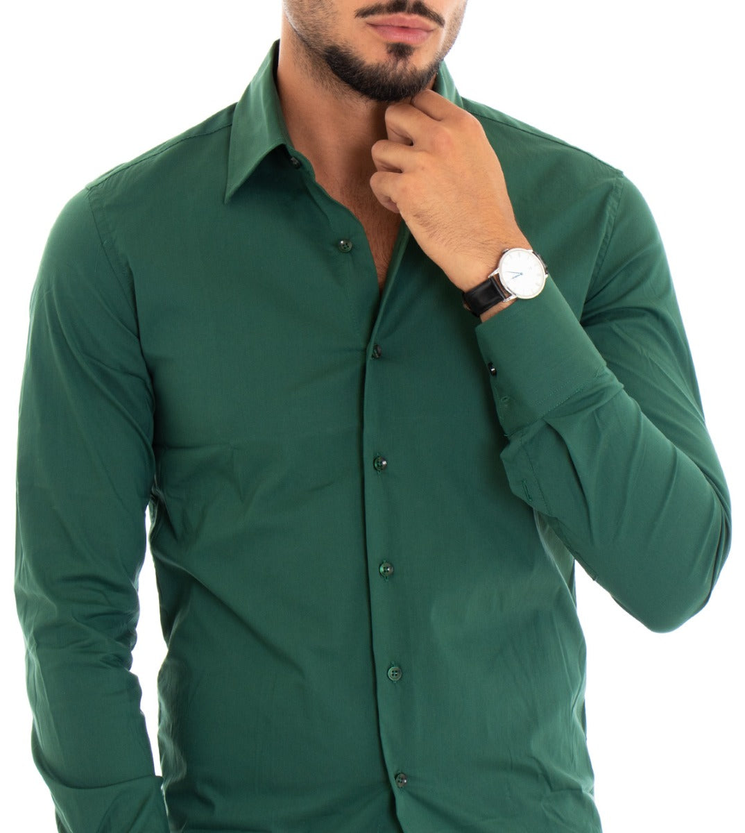 Camicia Uomo Con Colletto Manica Lunga Slim Fit Basic Casual Cotone Verde GIOSAL-C1804A