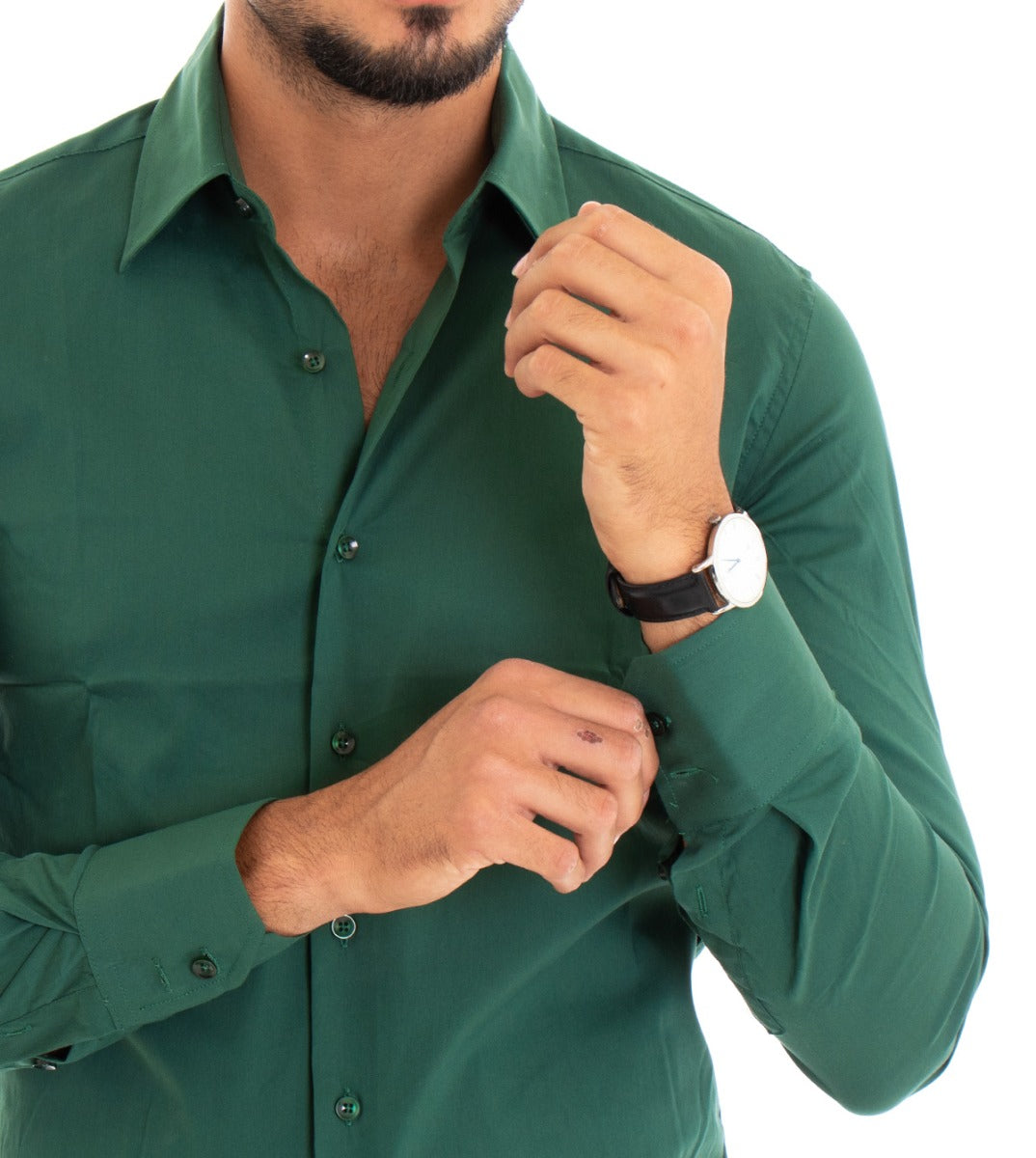 Camicia Uomo Con Colletto Manica Lunga Slim Fit Basic Casual Cotone Verde GIOSAL-C1804A