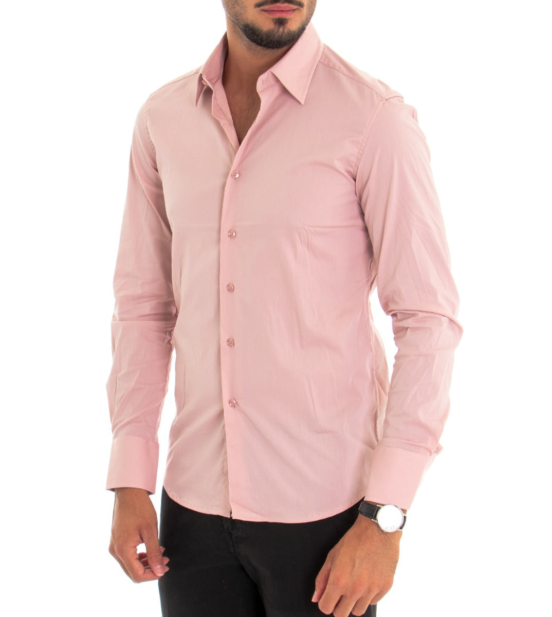 Camicia Uomo Con Colletto Manica Lunga Slim Fit Basic Casual Cotone Rosa GIOSAL-C1805A