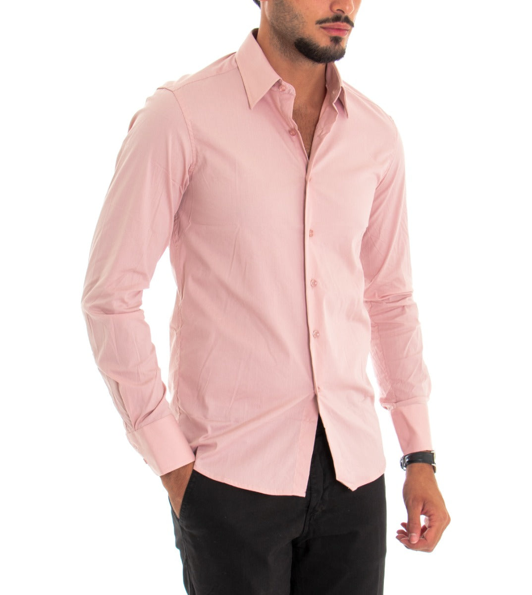 Men's Shirt With Collar Long Sleeve Slim Fit Basic Casual Cotton Pink GIOSAL-C1805A