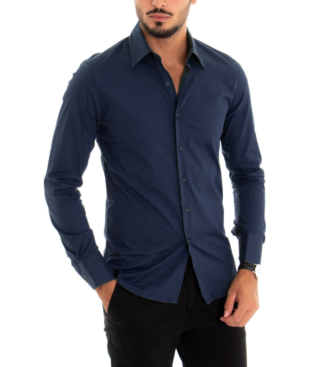Men's Shirt With Collar Long Sleeve Slim Fit Basic Casual Cotton Blue GIOSAL-C1809A