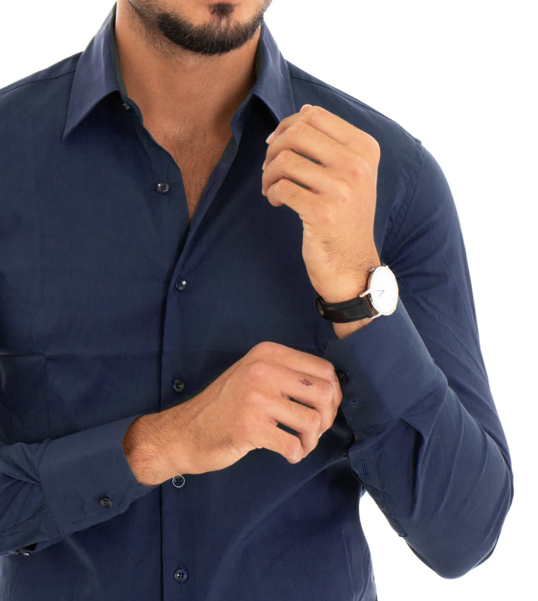 Men's Shirt With Collar Long Sleeve Slim Fit Basic Casual Cotton Blue GIOSAL-C1809A