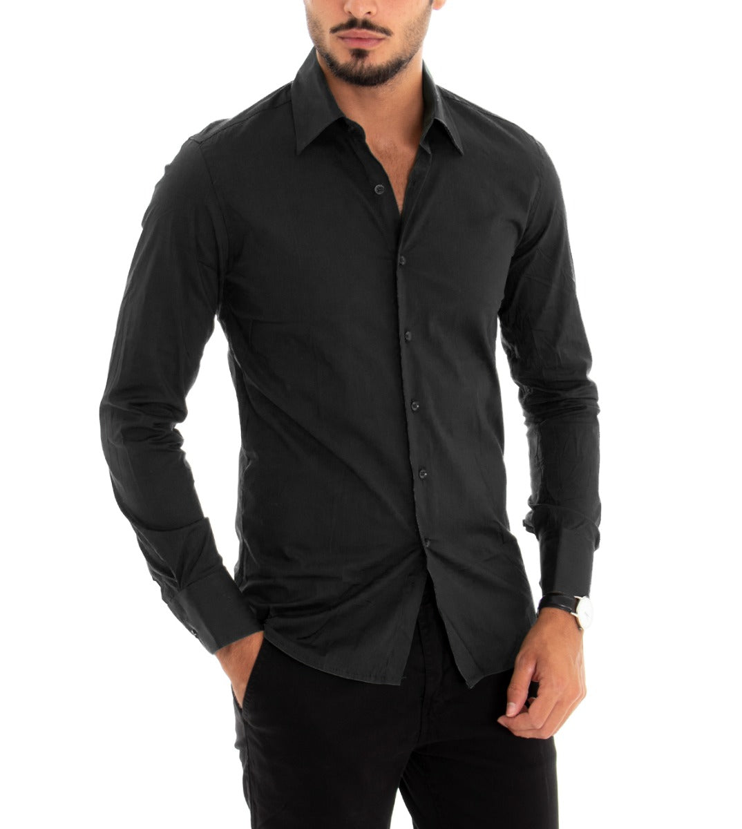 Men's Shirt With Collar Long Sleeve Slim Fit Basic Casual Black Cotton GIOSAL-C1810A