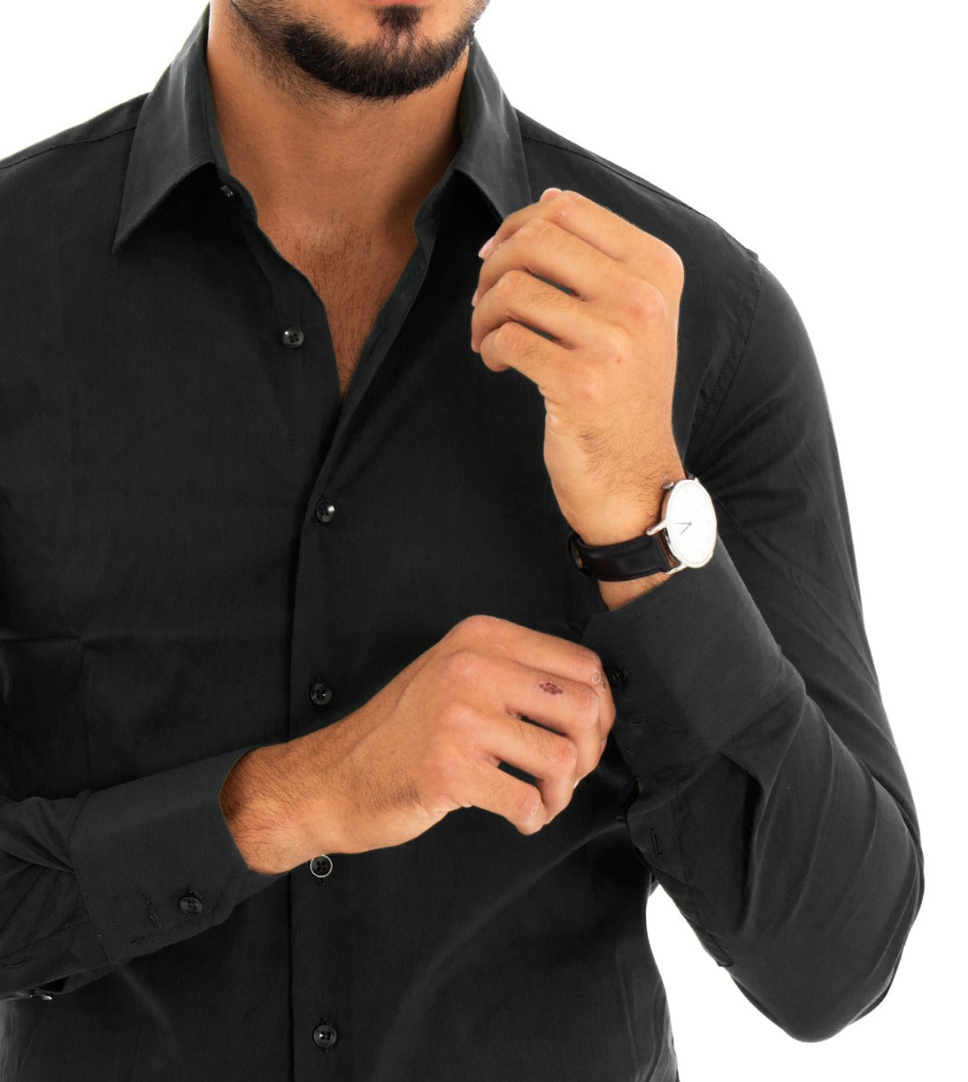 Men's Shirt With Collar Long Sleeve Slim Fit Basic Casual Black Cotton GIOSAL-C1810A