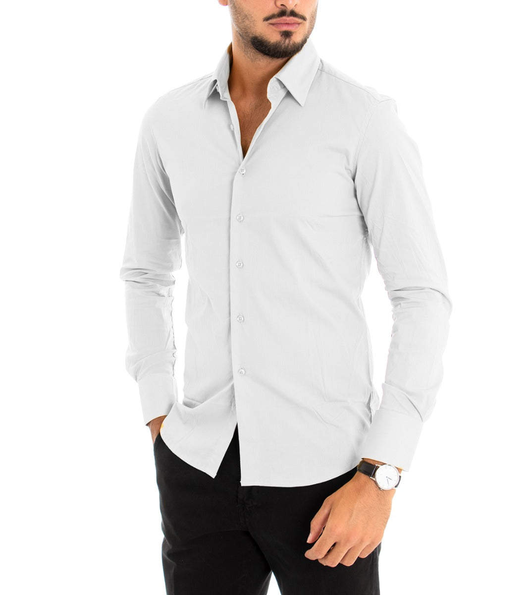 Men's Shirt With Collar Long Sleeve Slim Fit Basic Casual White Cotton GIOSAL-C1811A