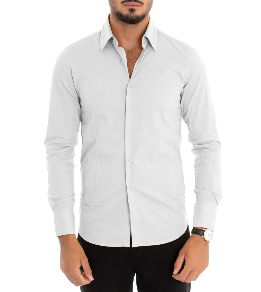Men's Shirt With Collar Long Sleeve Slim Fit Basic Casual White Cotton GIOSAL-C1811A