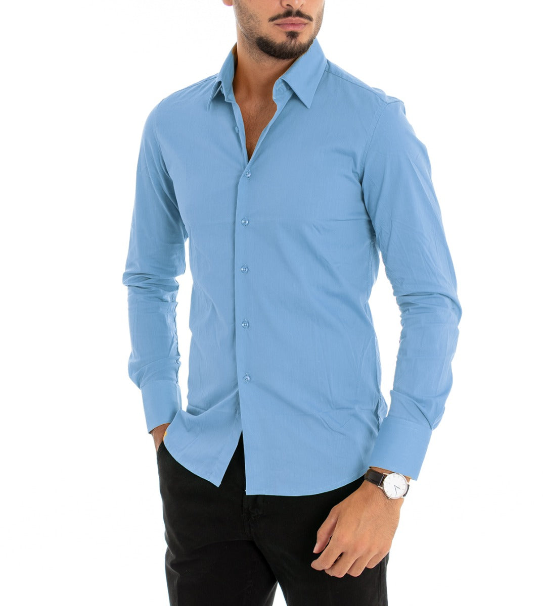 Camicia Uomo Con Colletto Manica Lunga Slim Fit Basic Casual Cotone Azzurro GIOSAL-C1812A