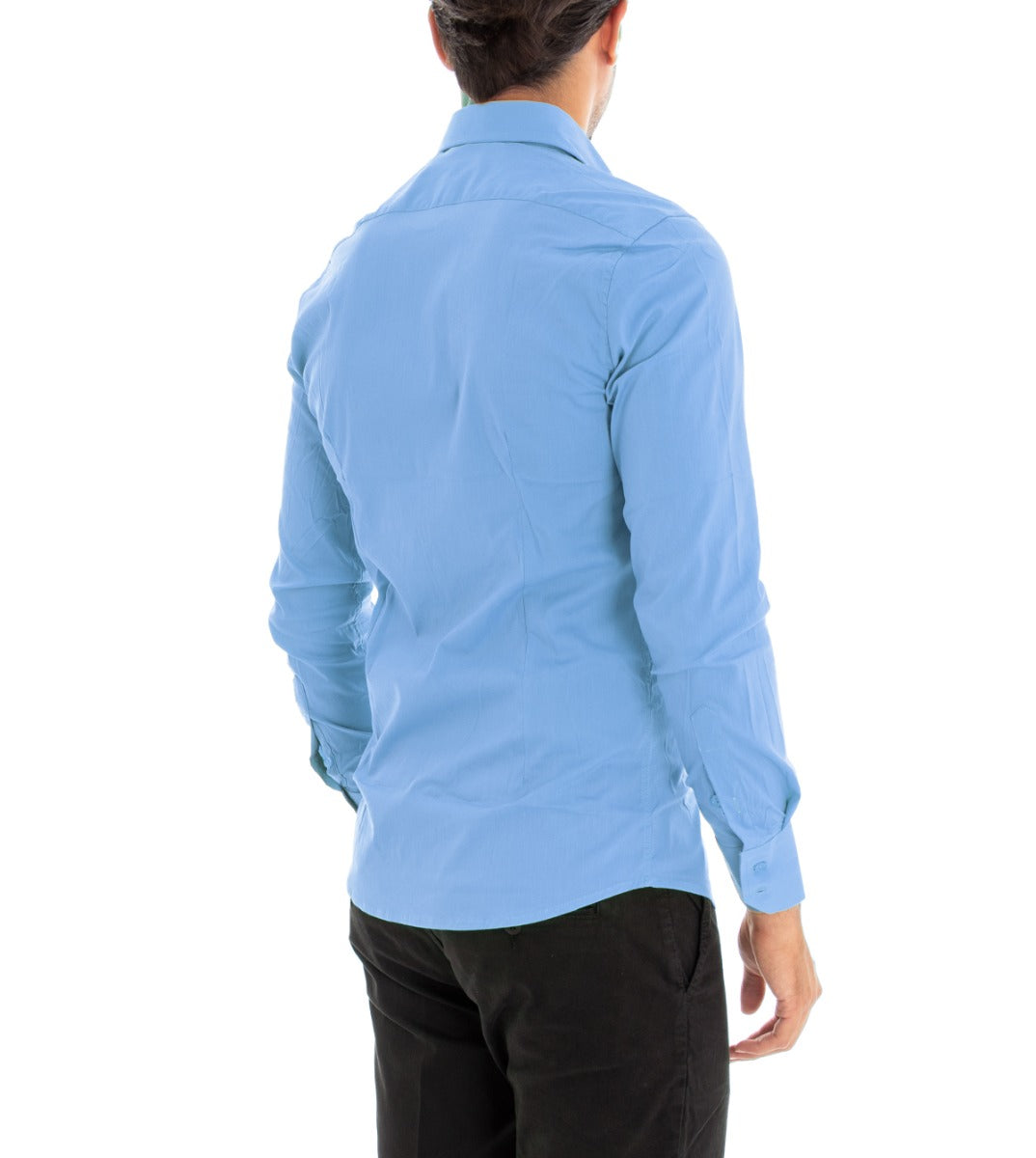 Camicia Uomo Con Colletto Manica Lunga Slim Fit Basic Casual Cotone Azzurro GIOSAL-C1812A