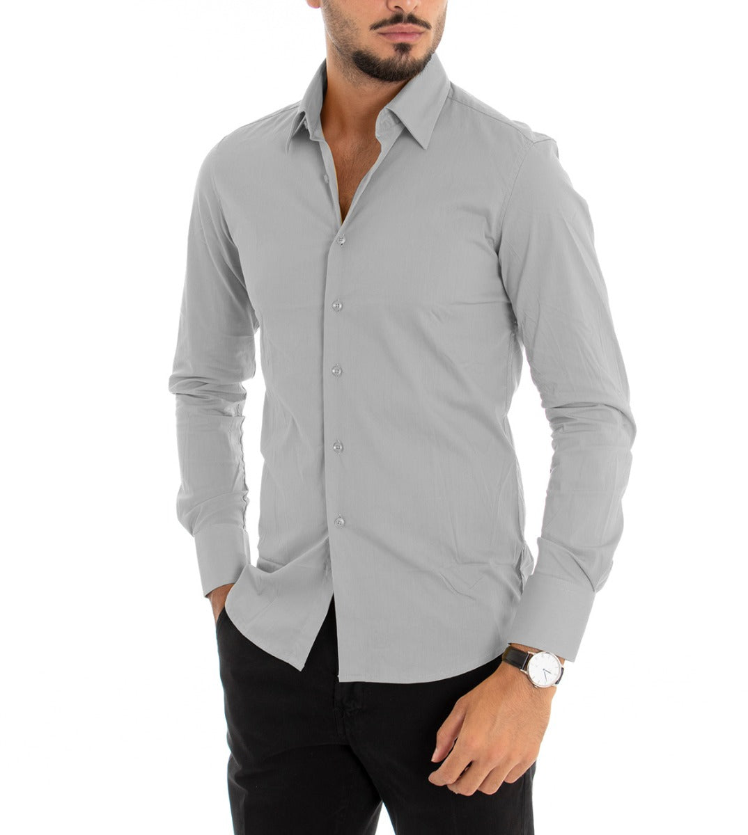 Camicia Uomo Con Colletto Manica Lunga Slim Fit Basic Casual Cotone Grigio GIOSAL-C1813A