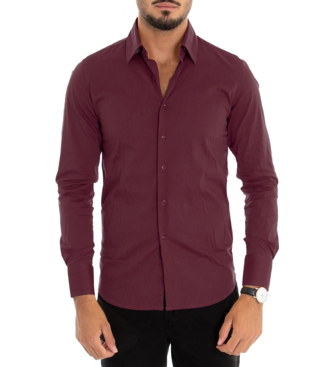Men's Shirt With Collar Long Sleeve Slim Fit Basic Casual Cotton Burgundy GIOSAL-C1814A