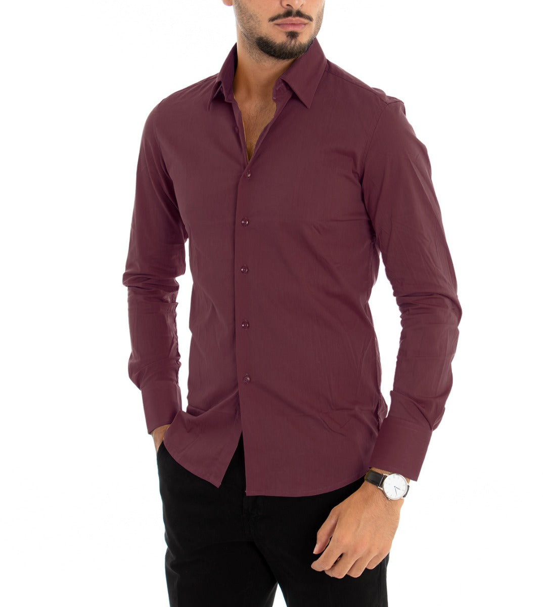 Men's Shirt With Collar Long Sleeve Slim Fit Basic Casual Cotton Burgundy GIOSAL-C1814A