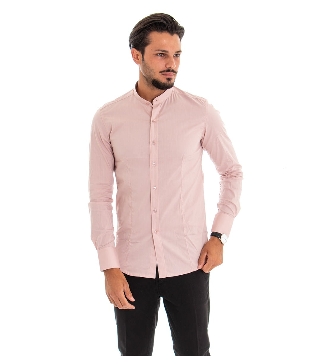 Camicia Uomo Collo Coreano Manica Lunga Slim Fit Basic Casual Cotone Rosa GIOSAL-C1817A
