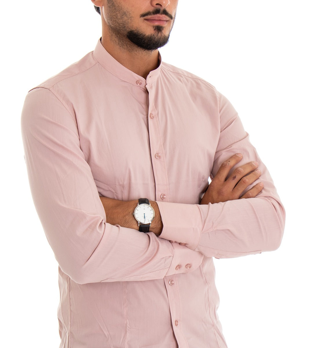 Camicia Uomo Collo Coreano Manica Lunga Slim Fit Basic Casual Cotone Rosa GIOSAL-C1817A