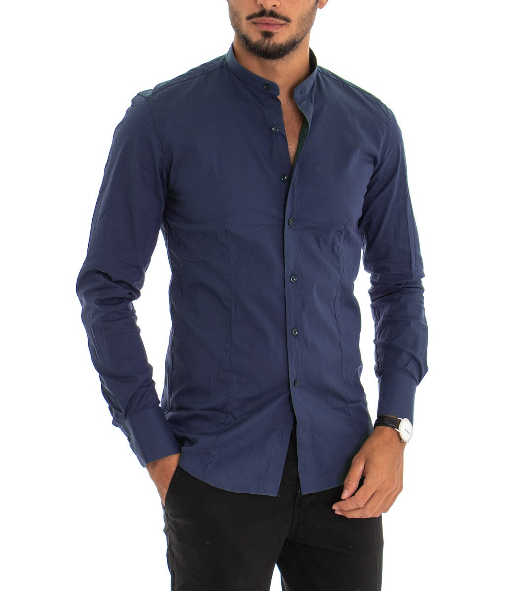 Camicia Uomo Collo Coreano Maniche Lunghe Slim Fit Basic Casual Cotone Blu GIOSAL C1819A