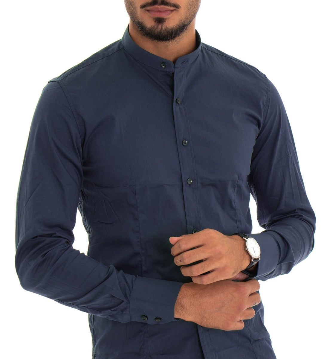Men's Mandarin Collar Shirt Long Sleeve Slim Fit Basic Casual Cotton Blue GIOSAL-C1819A
