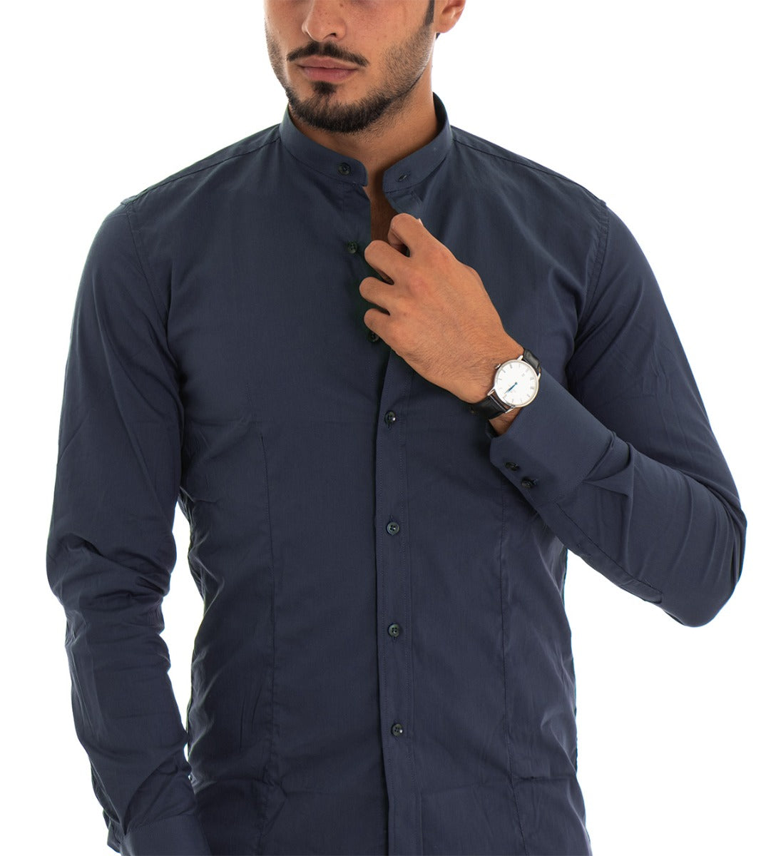 Men's Mandarin Collar Shirt Long Sleeve Slim Fit Basic Casual Cotton Blue GIOSAL-C1819A
