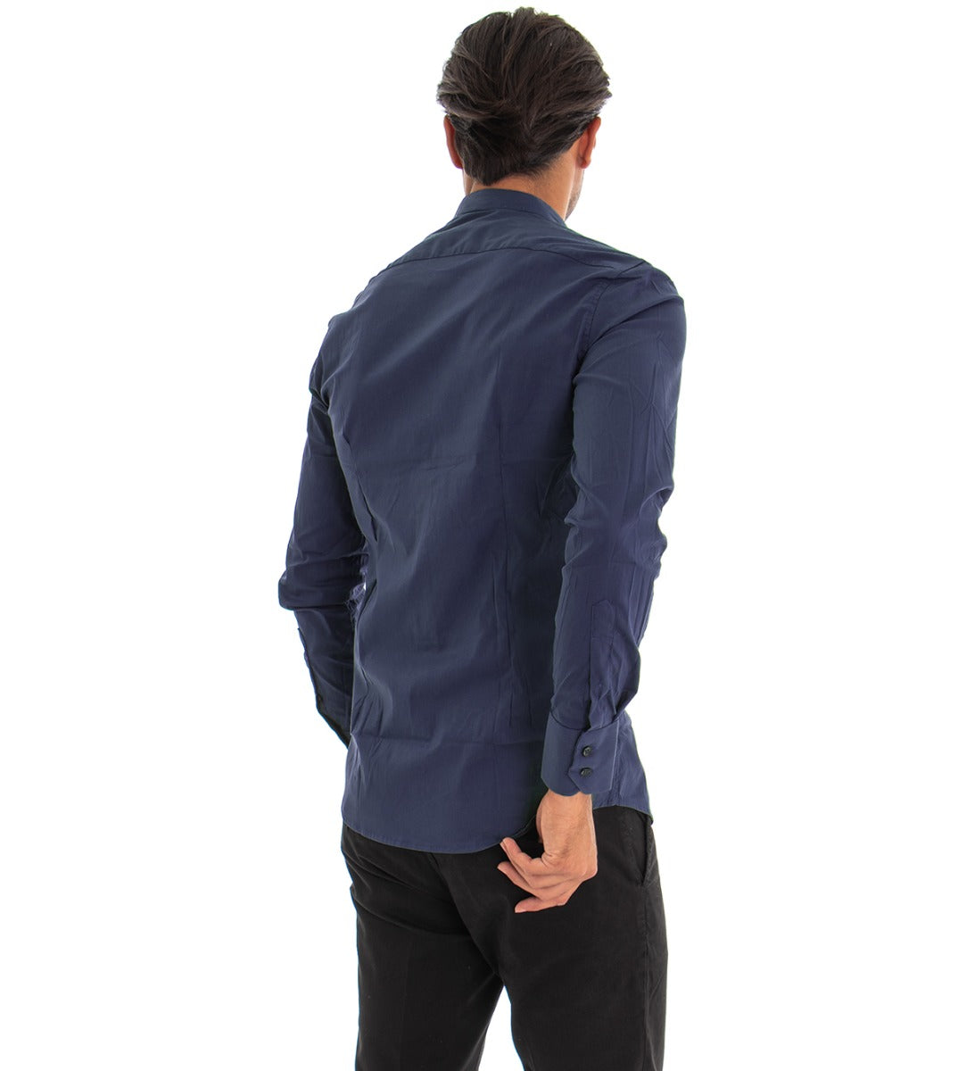 Camicia Uomo Collo Coreano Manica Lunga Slim Fit Basic Casual Cotone Blu GIOSAL-C1819A