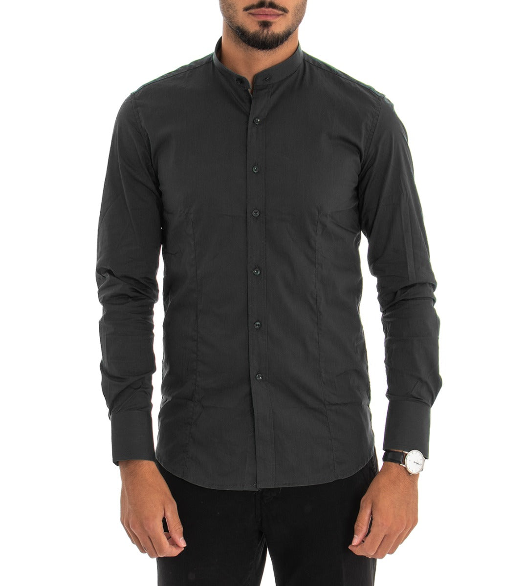 Men's Mandarin Collar Shirt Long Sleeve Slim Fit Basic Casual Black Cotton GIOSAL-C1820A