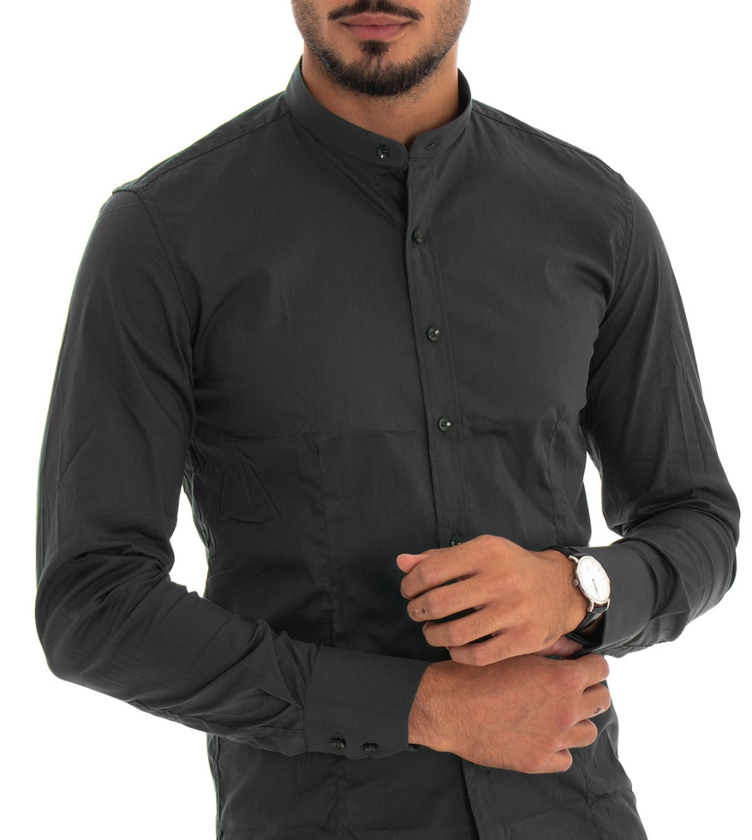 Men's Mandarin Collar Shirt Long Sleeve Slim Fit Basic Casual Black Cotton GIOSAL-C1820A