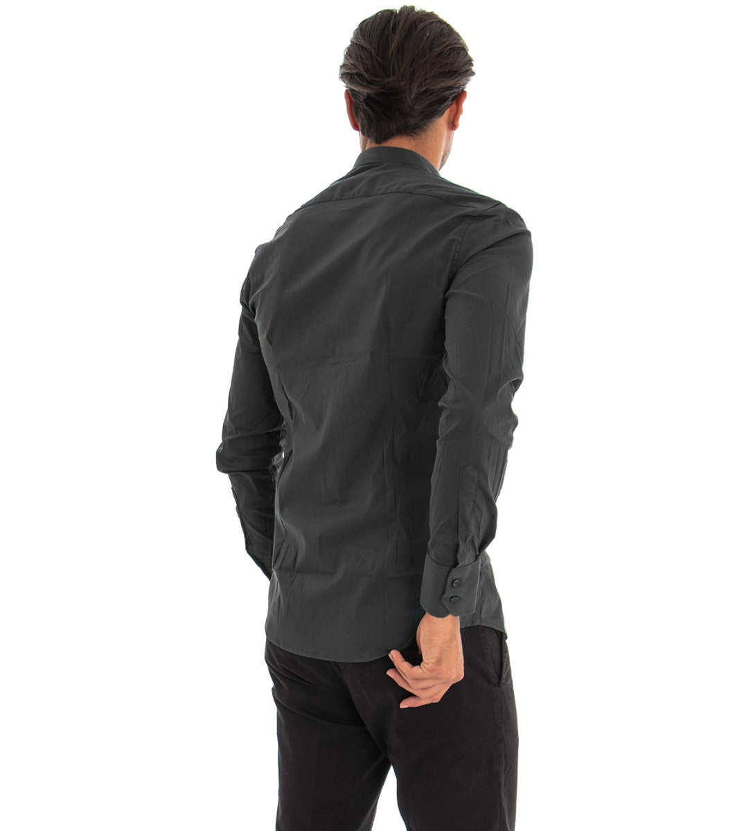 Camicia Uomo Collo Coreano Manica Lunga Slim Fit Basic Casual Cotone Nero GIOSAL-C1820A