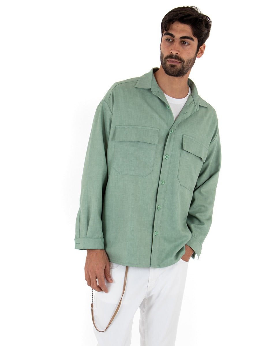 Camicia Uomo Con Colletto Manica Lunga Casual Oversize Cotone Verde GIOSAL-C1858A