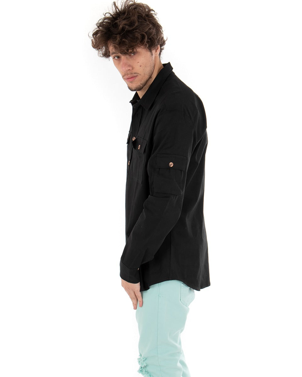 Camicia Uomo Con Colletto Manica Lunga Casual Cotone Nero GIOSAL-C1862A