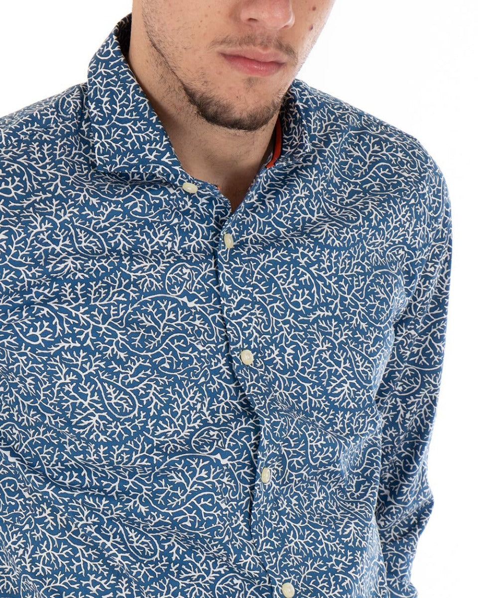 Camicia Uomo Con Colletto Manica Lunga Slim Fit Cotone Floreale Blu GIOSAL-C1866A