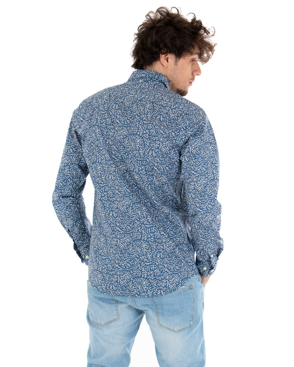 Camicia Uomo Con Colletto Manica Lunga Slim Fit Cotone Floreale Blu GIOSAL-C1866A