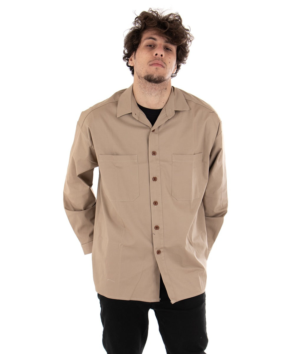Men's Shirt With Collar Long Sleeve Casual Cotton Camel GIOSAL-C1869A