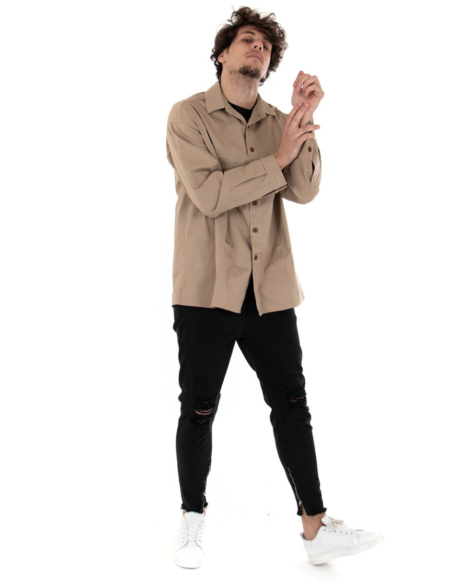 Camicia Uomo Con Colletto Manica Lunga Casual Cotone Camel GIOSAL-C1869A