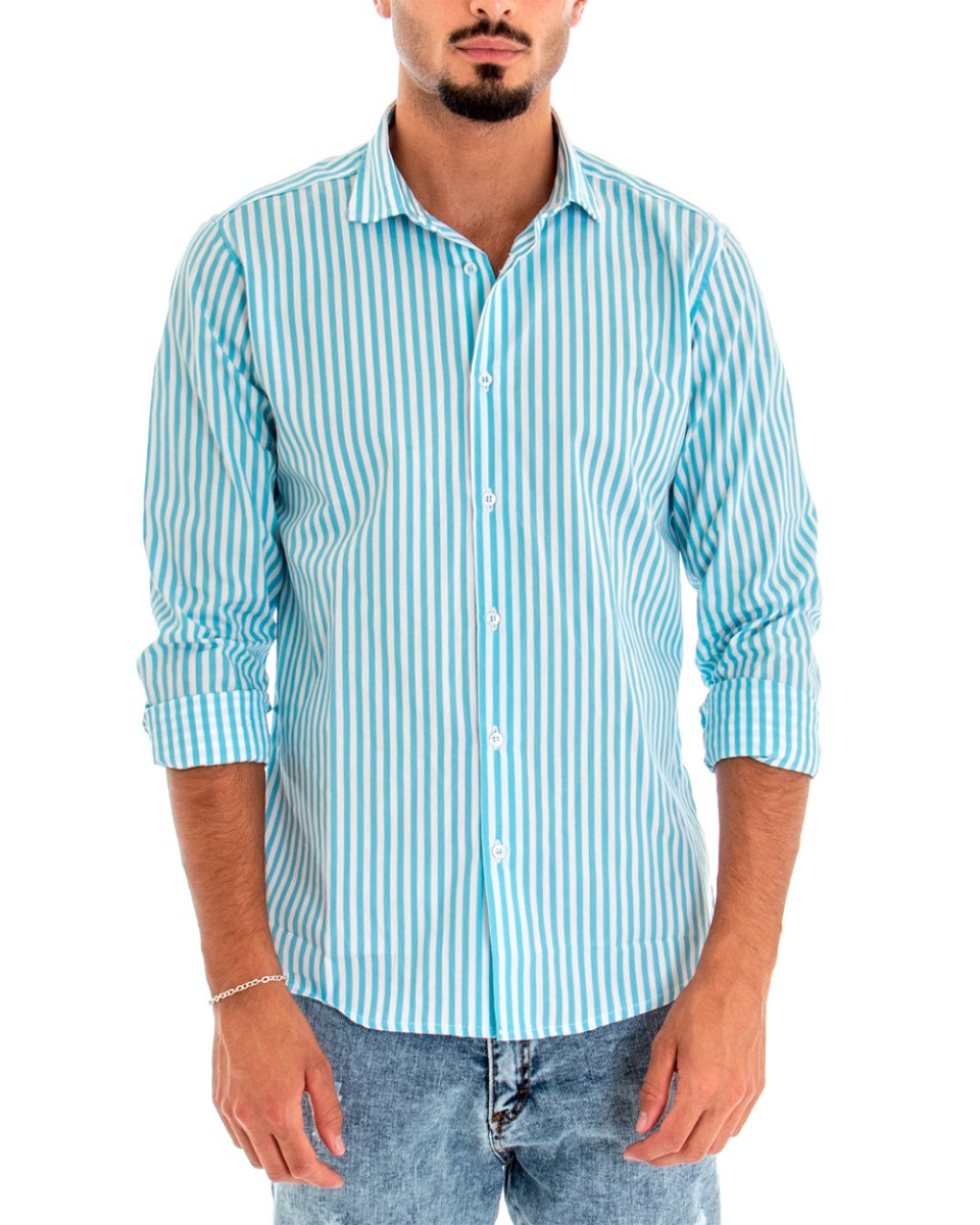 Men's Shirt With Collar Long Sleeves Striped Light Blue Cotton GIOSAL-C1872A