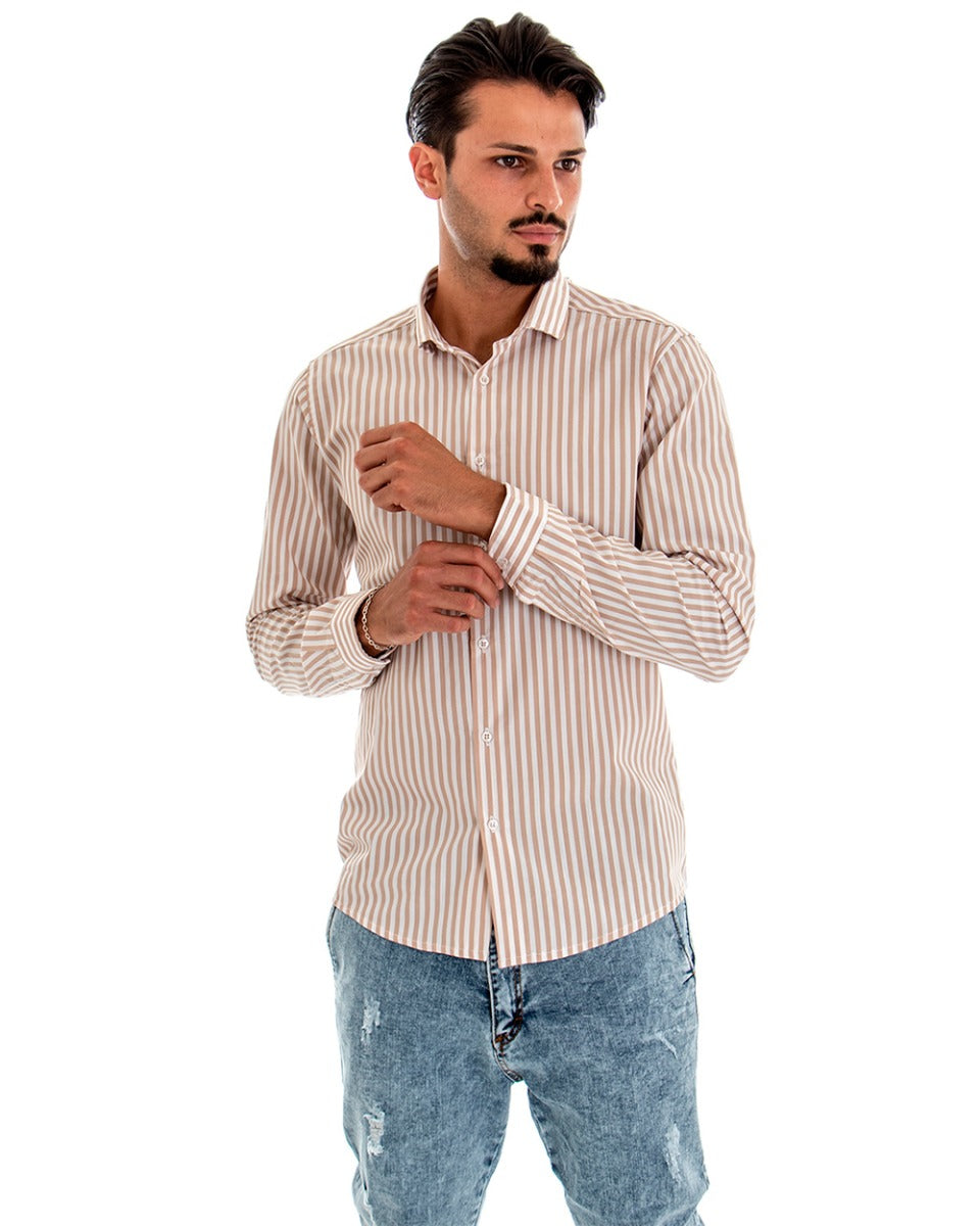 Camicia Uomo Con Colletto Manica Lunga Cotone Beige Rigata GIOSAL-C1873A