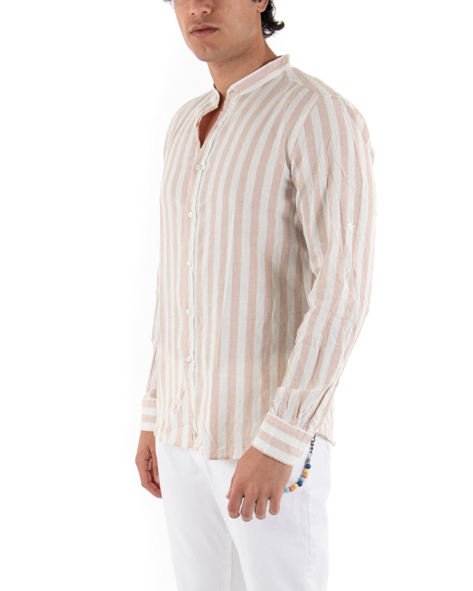 Men's Shirt Korean Collar Long Sleeve Linen Beige Striped GIOSAL-C1881A