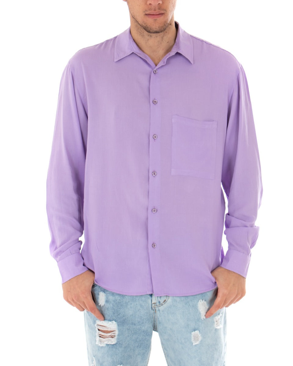 Men's Shirt With Collar Long Sleeve Viscose Lilac Oversize Solid Color GIOSAL-C1910A