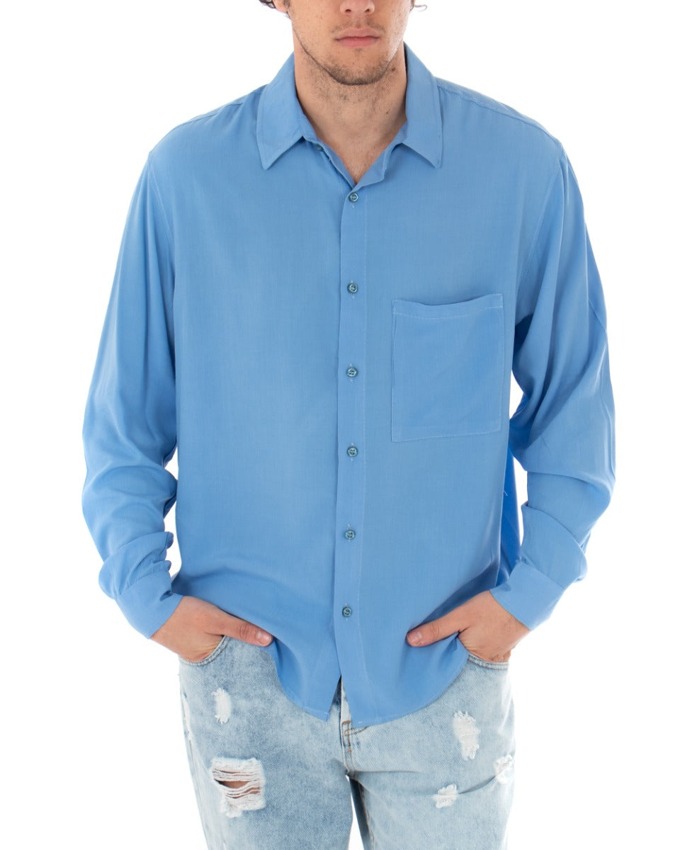 Men's Shirt With Collar Long Sleeve Viscose Light Blue Oversize Solid Color GIOSAL-C1911A