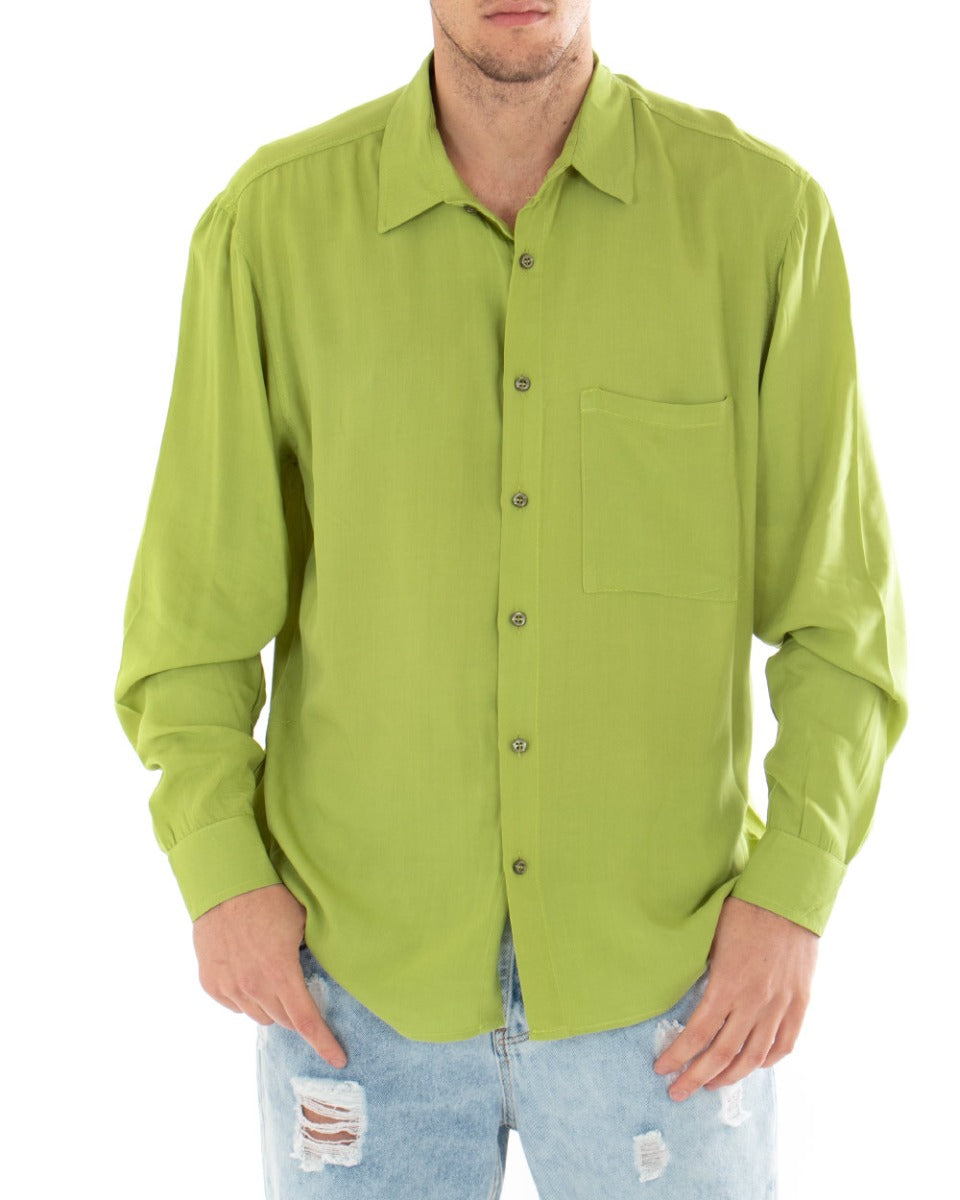 Camicia Uomo Con Colletto Manica Lunga Viscosa Verde Oversize Tinta Unita GIOSAL-C1913A