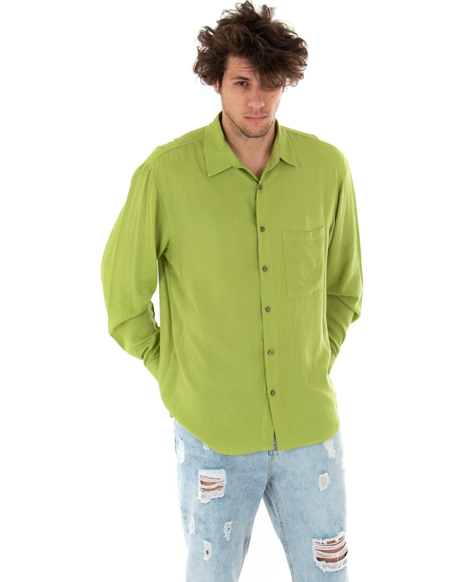 Men's Shirt With Collar Long Sleeve Viscose Oversize Green Solid Color GIOSAL-C1913A