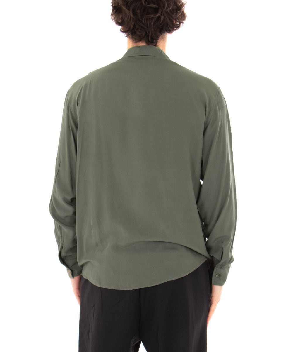 Camicia Uomo Con Colletto Manica Lunga Viscosa Verde Militare Oversize GIOSAL-C1914A