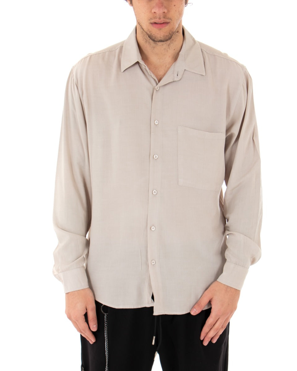 Men's Shirt With Collar Long Sleeve Viscose Beige Oversize Solid Color GIOSAL-C1915A