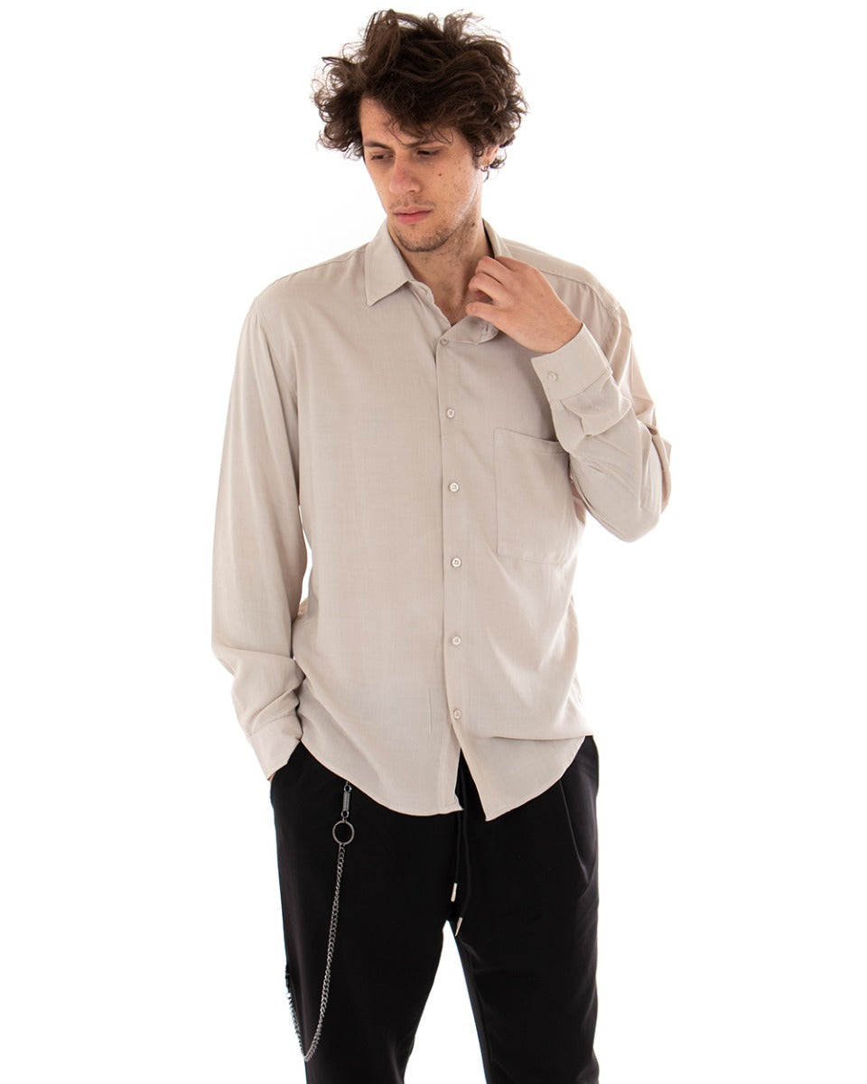 Men's Shirt With Collar Long Sleeve Viscose Beige Oversize Solid Color GIOSAL-C1915A