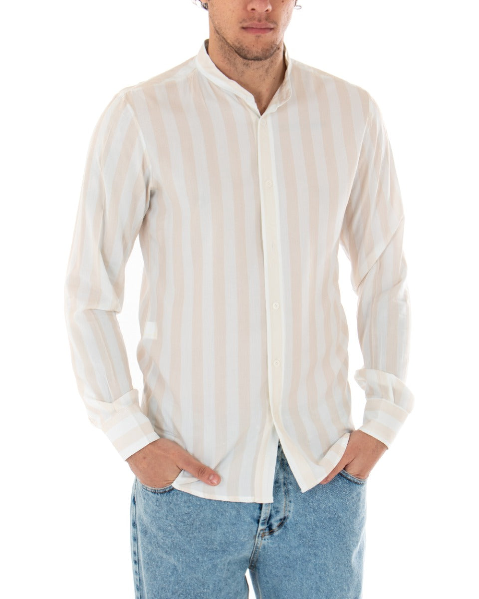 Men's Mandarin Collar Shirt Long Sleeve Viscose Beige Striped Pattern GIOSAL-C1919A