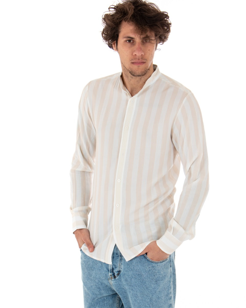 Men's Mandarin Collar Shirt Long Sleeve Viscose Beige Striped Pattern GIOSAL-C1919A