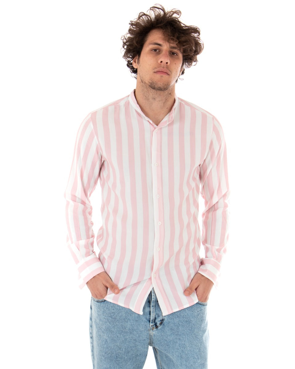 Men's Korean Collar Shirt Long Sleeve Viscose Pink Striped Pattern GIOSAL-C1921A