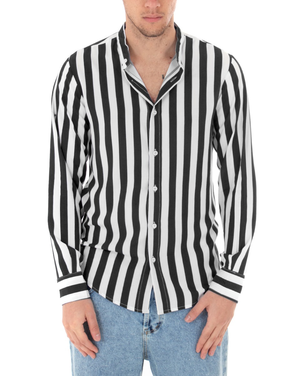Men's Mandarin Collar Shirt Long Sleeve Viscose Striped Pattern Black GIOSAL-C1922A